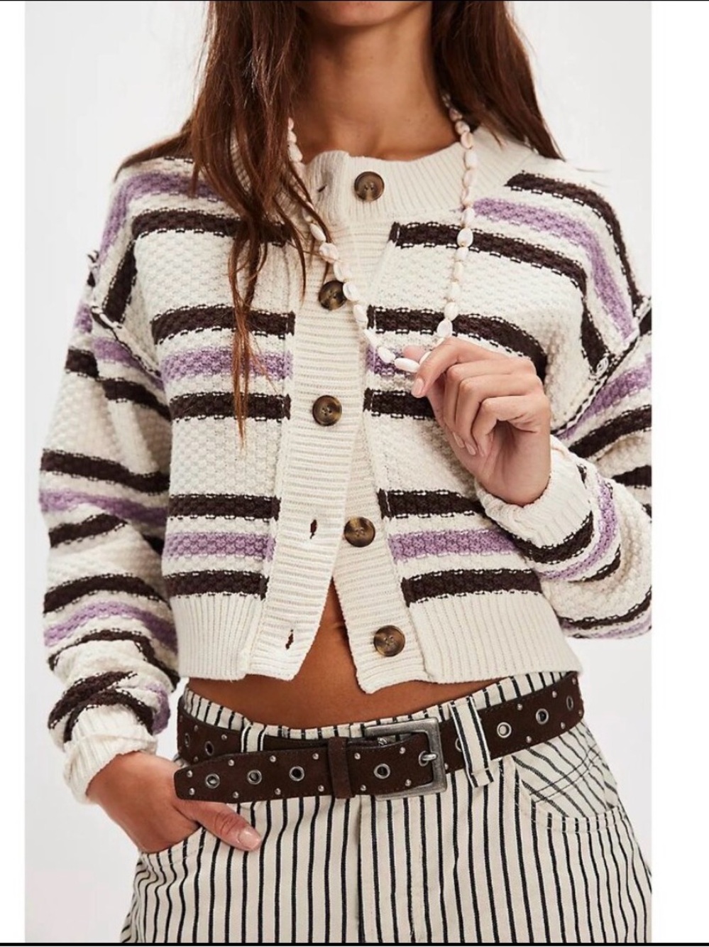 NWT Free People Lila Striped Cardigan in Ivory Combo Size Large